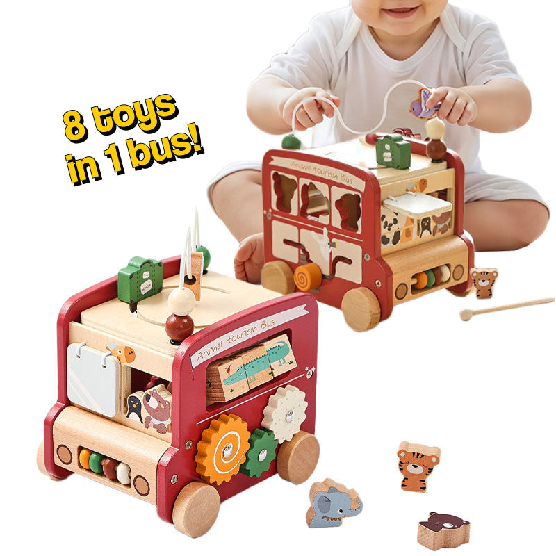 Wooden Montessori Busy Bus with 8-in-1 educational activities for toddlers and preschoolers