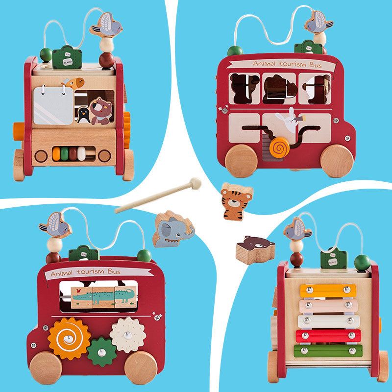 Wooden Montessori Busy Bus with 8 educational activities including xylophone, shape sorter, and bead maze, made of natural beech wood for toddlers.