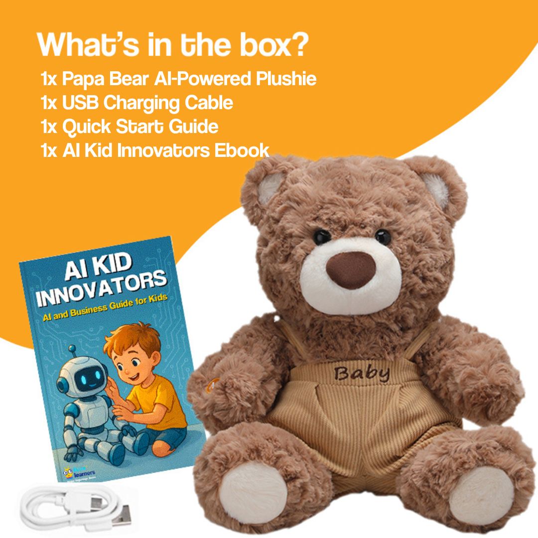 Mama & Papa Bear AI powered plushie with USB cable and AI Kid Innovators Ebook, soft brown teddy bear in overalls labeled Baby.