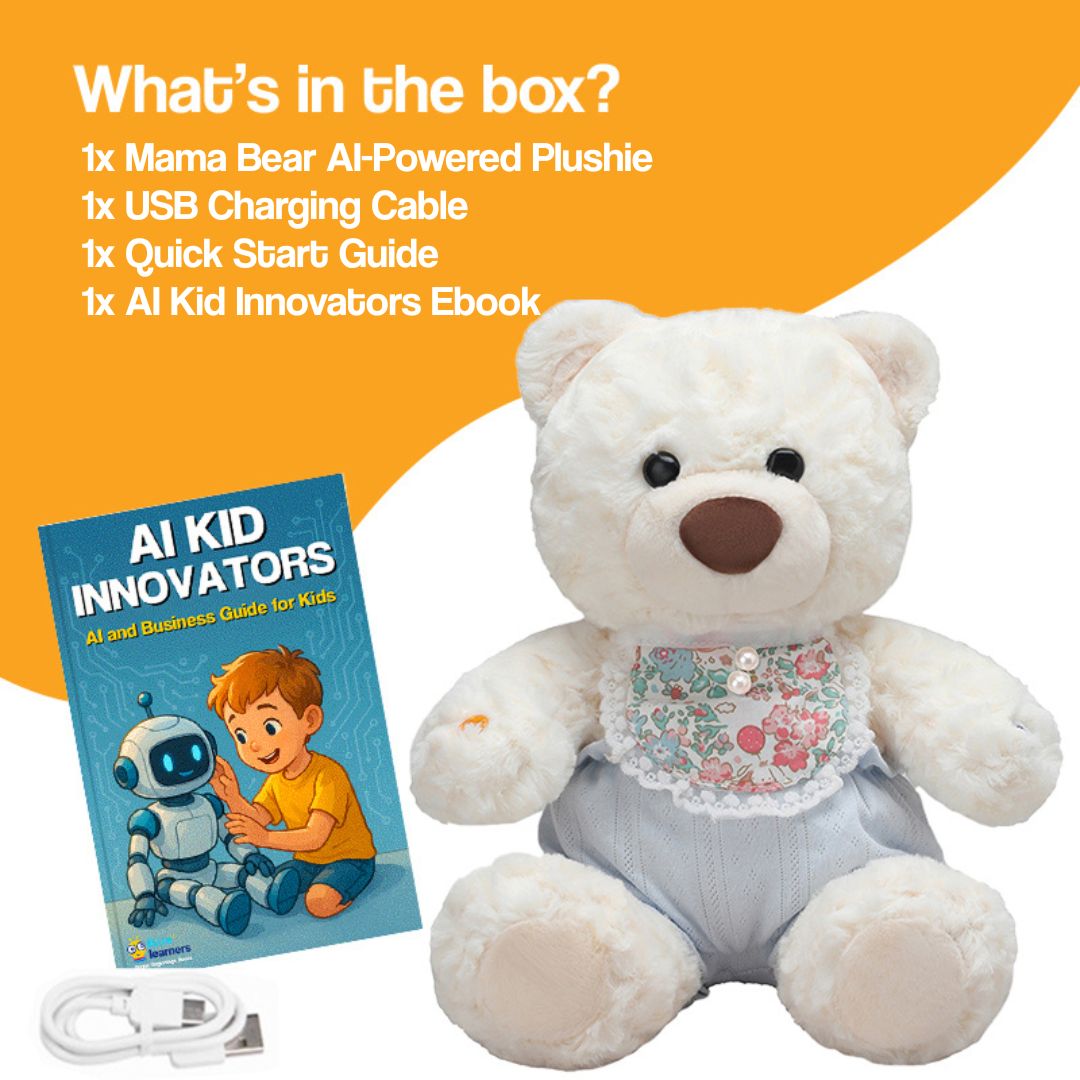 Mama & Papa Bear AI-powered plushie with USB charger, quick start guide, and AI Kid Innovators ebook.