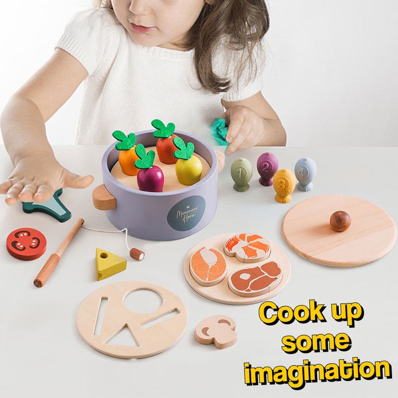 Little Chef Montessori healthy cooking set with natural wooden veggies, proteins, utensils, and numbered fish for educational pretend play.