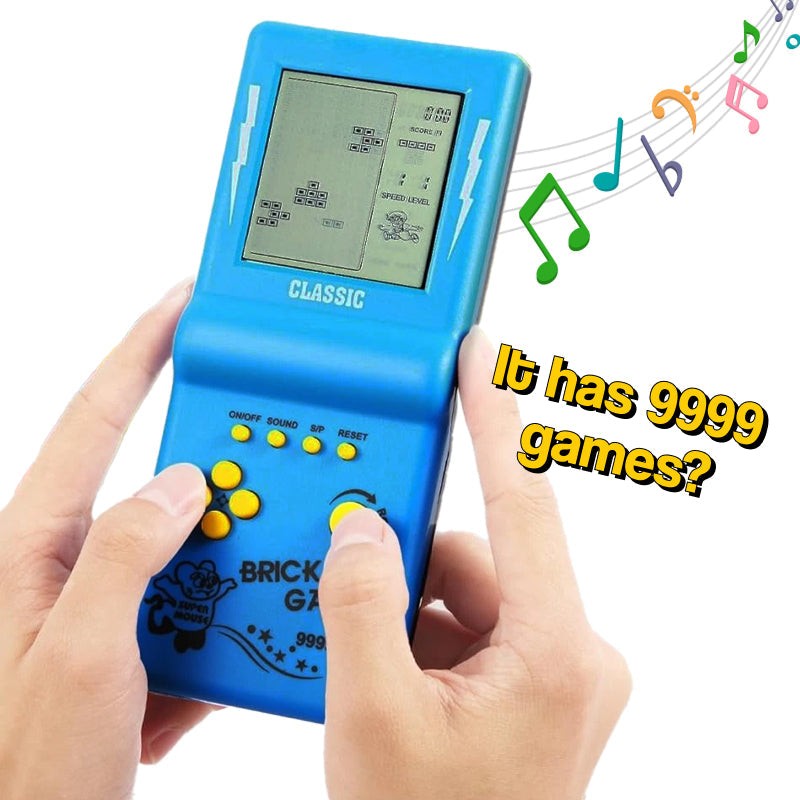 9999-in-1 retro game console handheld with classic brick game on monochrome LCD screen, blue portable design with yellow buttons and sound on/off switch