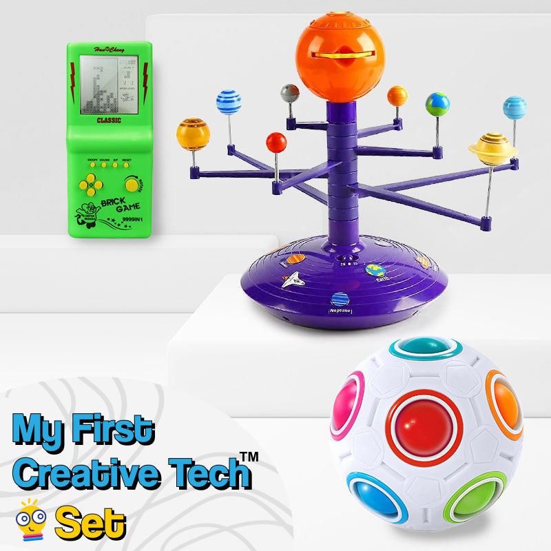 Creative Tech Set for kids with solar system model, retro Tetris game, and colorful puzzle ball for STEM learning and screen-free play.