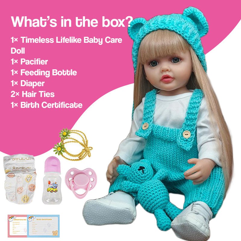 Real-Feel Baby Doll with lifelike features, blonde hair, blue knitted outfit, and full care set including pacifier, bottle, diaper, hair ties, and birth certificate