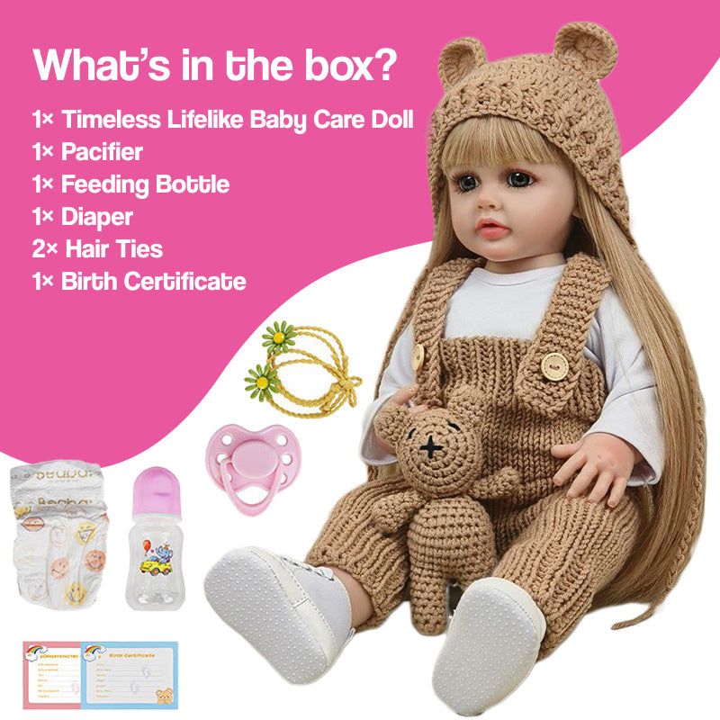 Real-Feel Baby Doll with lifelike silicone skin, blonde hair, beige knitted outfit, and full care set including pacifier, feeding bottle, diaper, hair ties, and birth certificate.