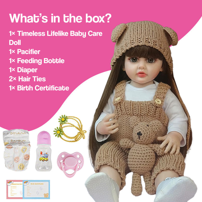 Real-Feel Baby Doll with lifelike features, pacifier, feeding bottle, diaper, hair ties, and birth certificate in a knitted outfit