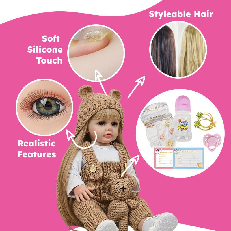 Real-Feel Baby Doll with soft silicone skin, realistic features, styleable brunette and blonde hair, and full care set including pacifier and bottle