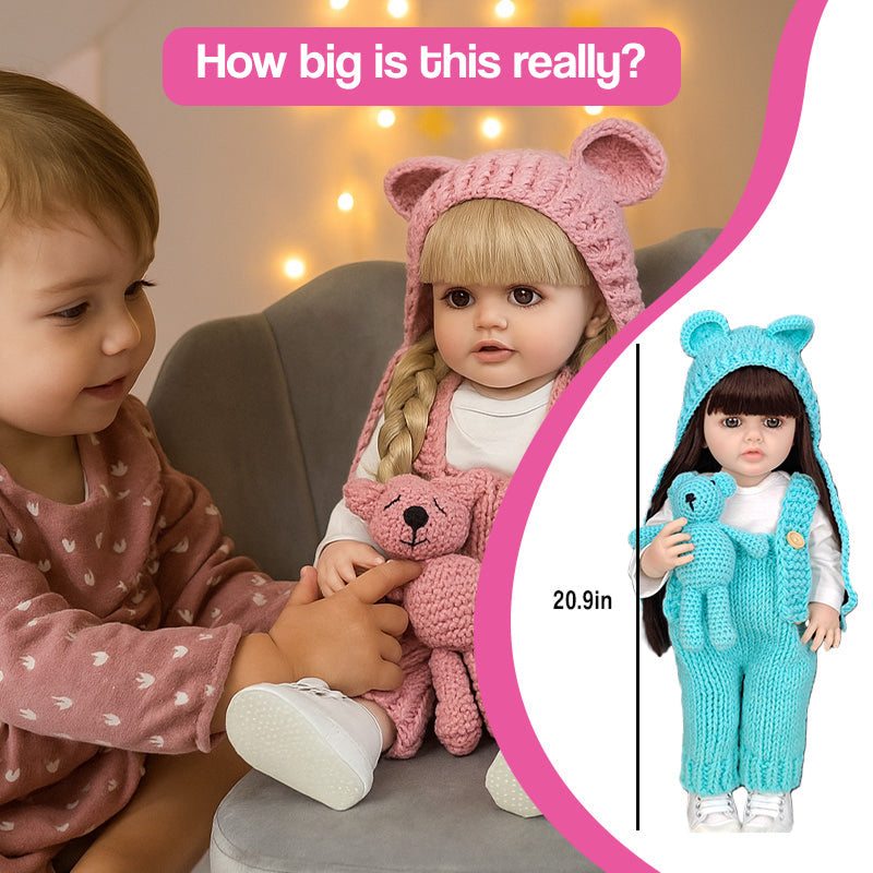Real-Feel Baby Doll 20.9-inch lifelike silicone baby doll with blonde or brunette hair, soft skin, and child-safe materials shown with child for size reference