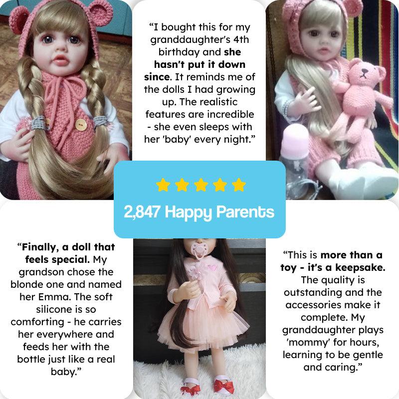 Real-Feel Baby Doll with lifelike silicone skin, soft blonde or brunette hair, 4 outfit colors, and full care set for ages 3+
