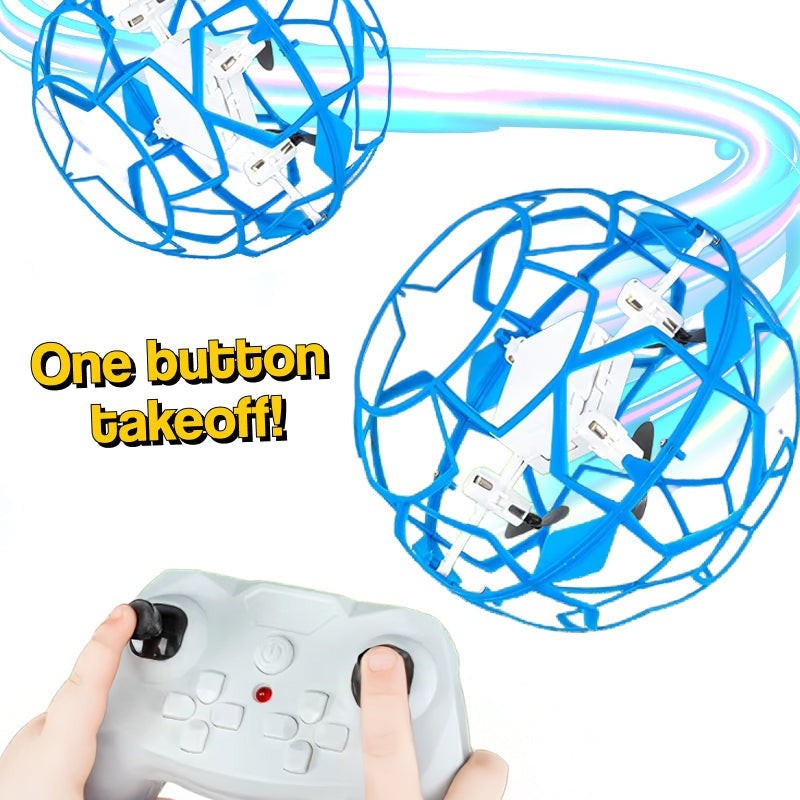 One-Touch Spin Orb blue flying orb with protective cage and one-button remote control for kids