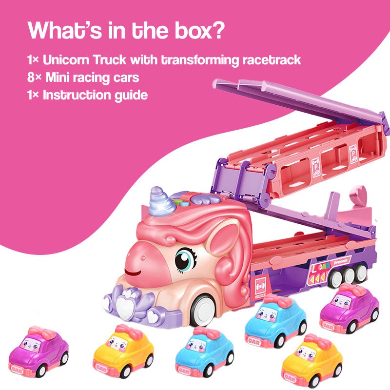 Unicorn Express dual racing truck toy with 8 colorful mini cars on pink background