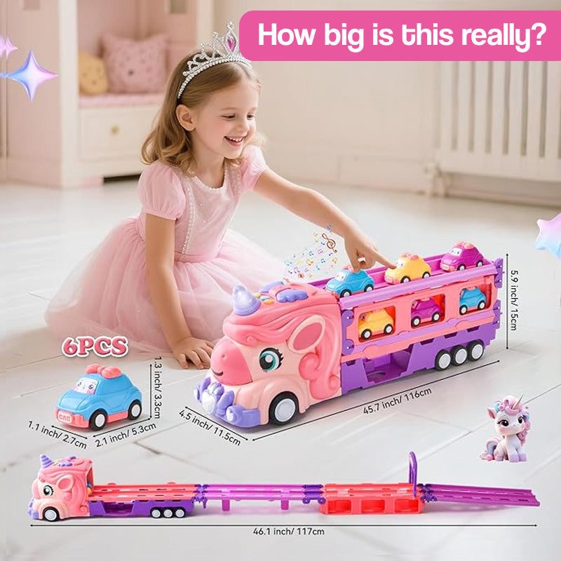 Unicorn Express dual racing truck with colorful mini cars and foldable track for kids aged 3 and up
