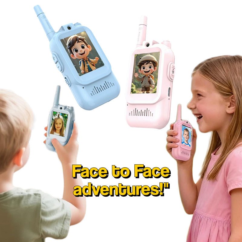 Kids using colorful Face-to-Face Video Walkie Talkies for safe, screen-free video chats with 400m range