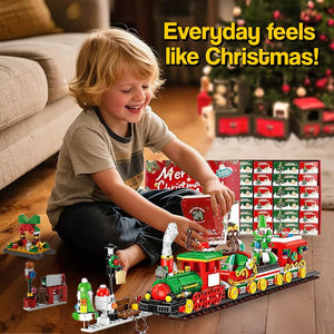 Child playing with Holiday Express Train Advent Calendar building blocks next to a Christmas tree and advent calendar box