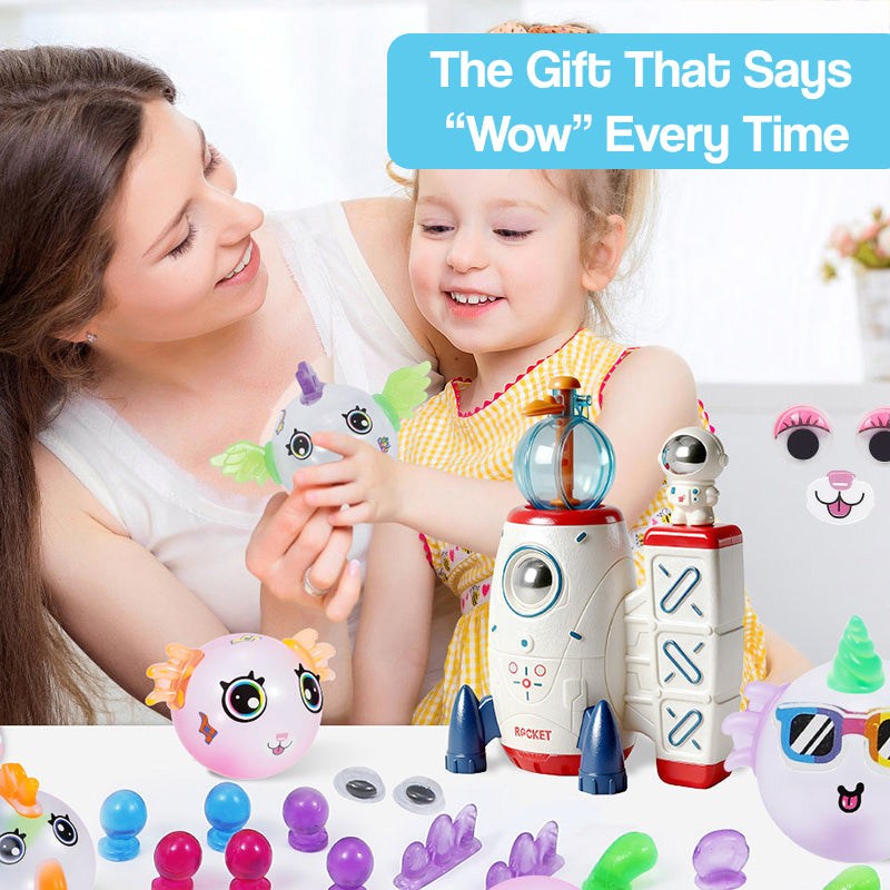 Child playing with Magic PopKit reusable balloon toy creating magical creatures with adult supervision