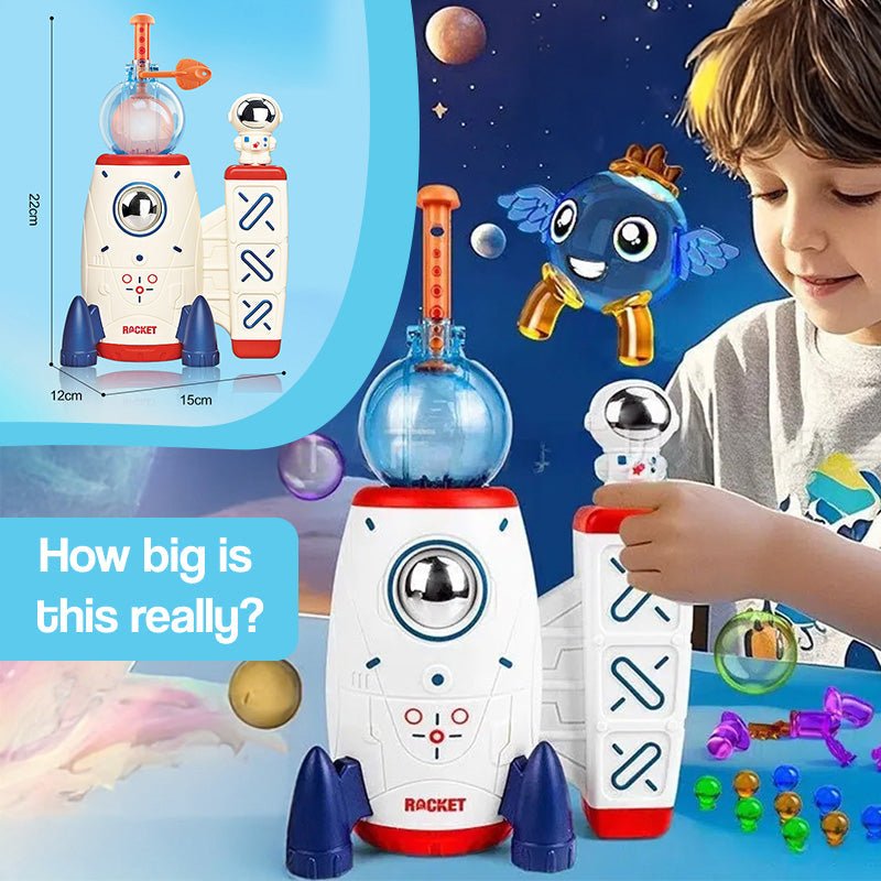 Child playing with Magic PopKit reusable balloon toy rocket set to create magical creatures with colorful accessories