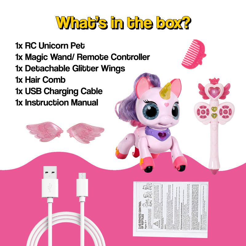 Child playing with magic wand controlling a dancing unicorn toy with glitter wings and music