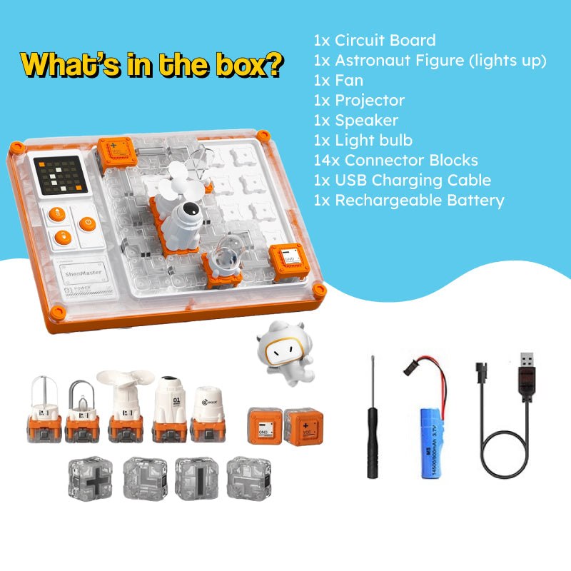 STEM circuit puzzle board with astronaut, fan, projector, and snap-together blocks for kids ages 3+