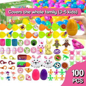 Box of colorful pre-filled Easter eggs with toys inside, ready for an Easter egg hunt