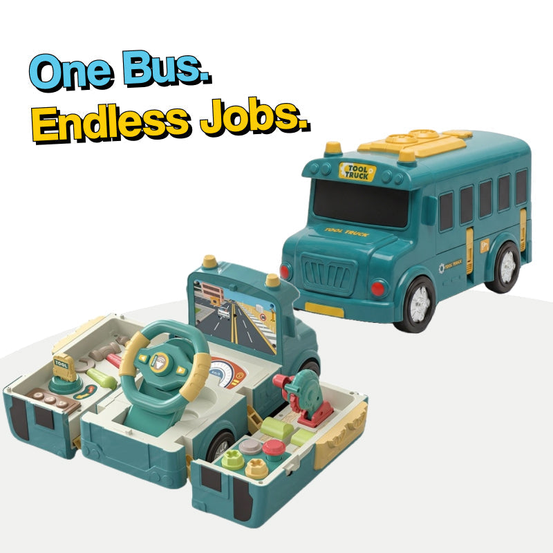 2-in-1 Driver & Builder Workshop Bus toy with fold-out mechanic playset and interactive tools for kids aged 3+