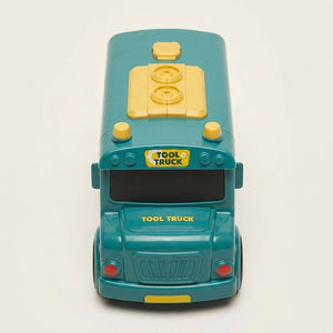 Children's 2-in-1 Driver & Builder Workshop Bus toy with foldable sides revealing mechanic's tools and interactive play features