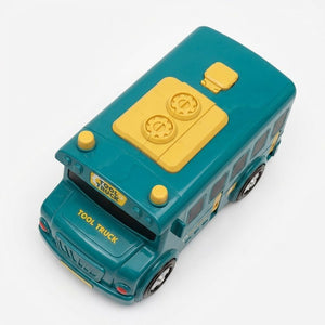 2-in-1 Driver & Builder Workshop Bus toy with fold-out mechanic playset and interactive tools
