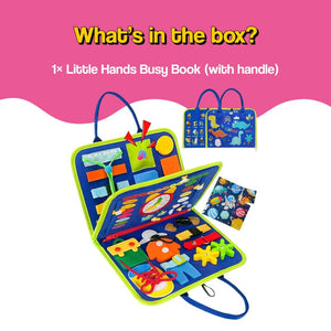 Little Hands & Big Minds Busy Book soft handbag with zippers buttons buckles and clock for toddlers ages 1-4