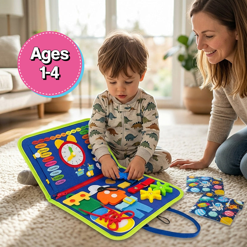 Little Hands & Big Minds Busy Book soft felt handbag toy with zippers, buttons, buckles, and clock for toddlers ages 1-4