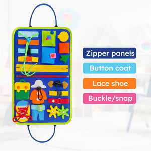 Little Hands & Big Minds Busy Book toddler activity handbag with zippers buckles buttons and working clock face