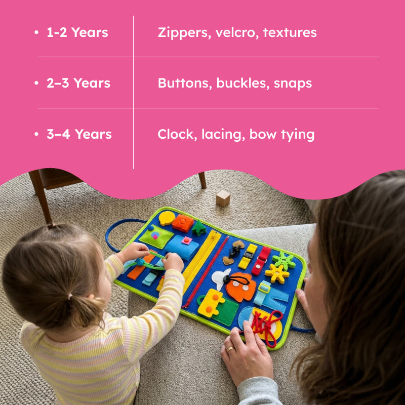 Little Hands & Big Minds Busy Book soft fabric handbag with zippers, buttons, buckles, and clock for toddlers ages 1-4