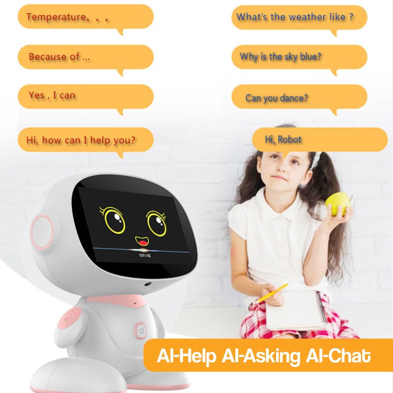 Child interacting with AI-powered STEM learning robot asking questions and receiving answers