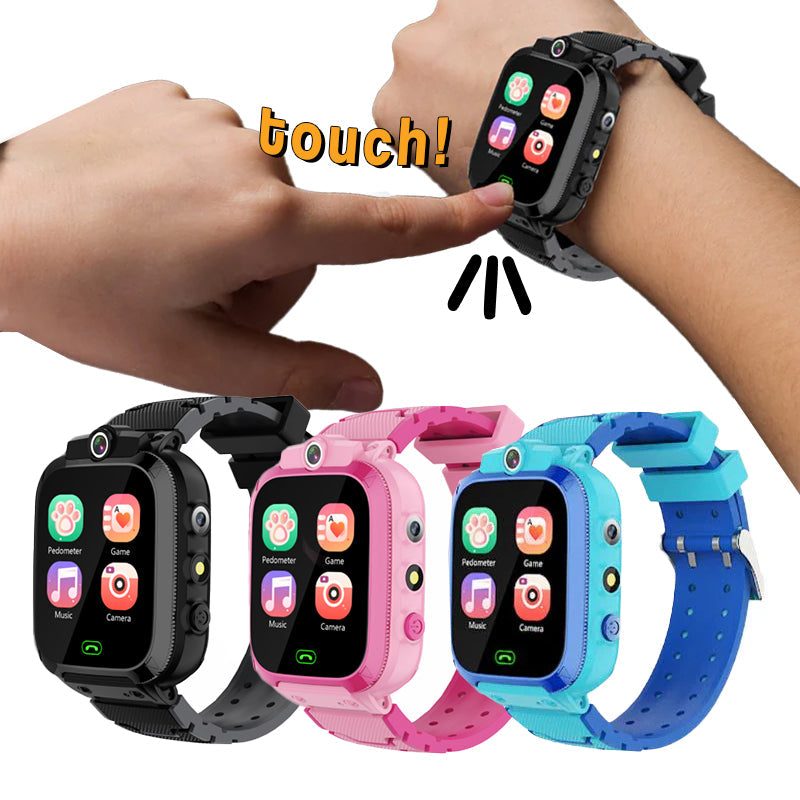Kids multi-purpose smartwatch in black, pink, and blue with touch screen and fun educational apps for children 7+ years.