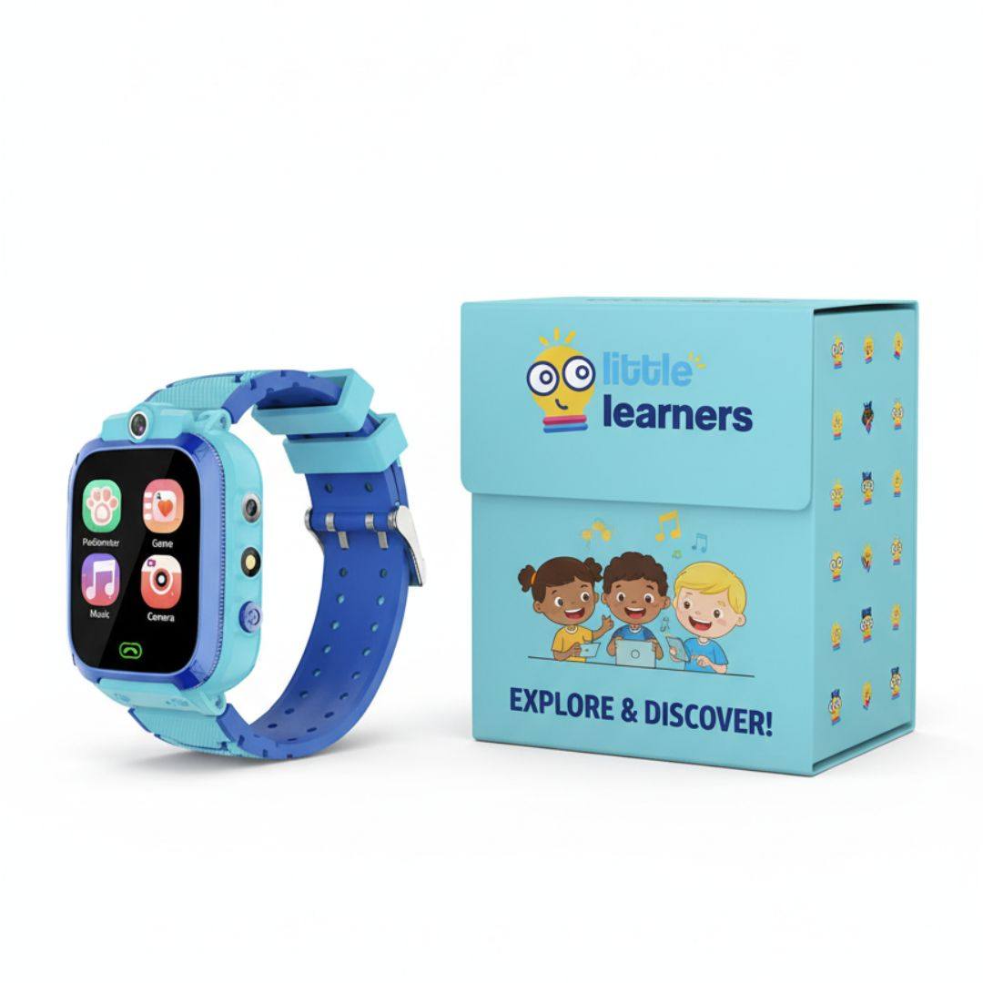 Kids Multi-purpose Smartwatch with games and media player next to blue Little Learners box