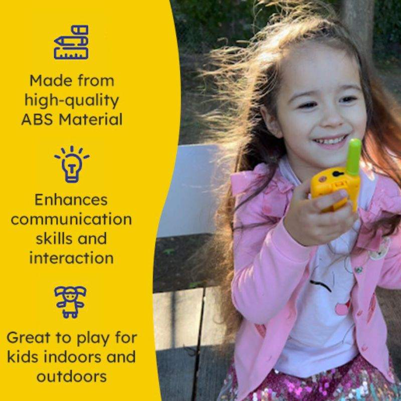 Happy child playing with yellow kids walkie talkie outdoor, communication toy for ages 4+ with clear sound and long range