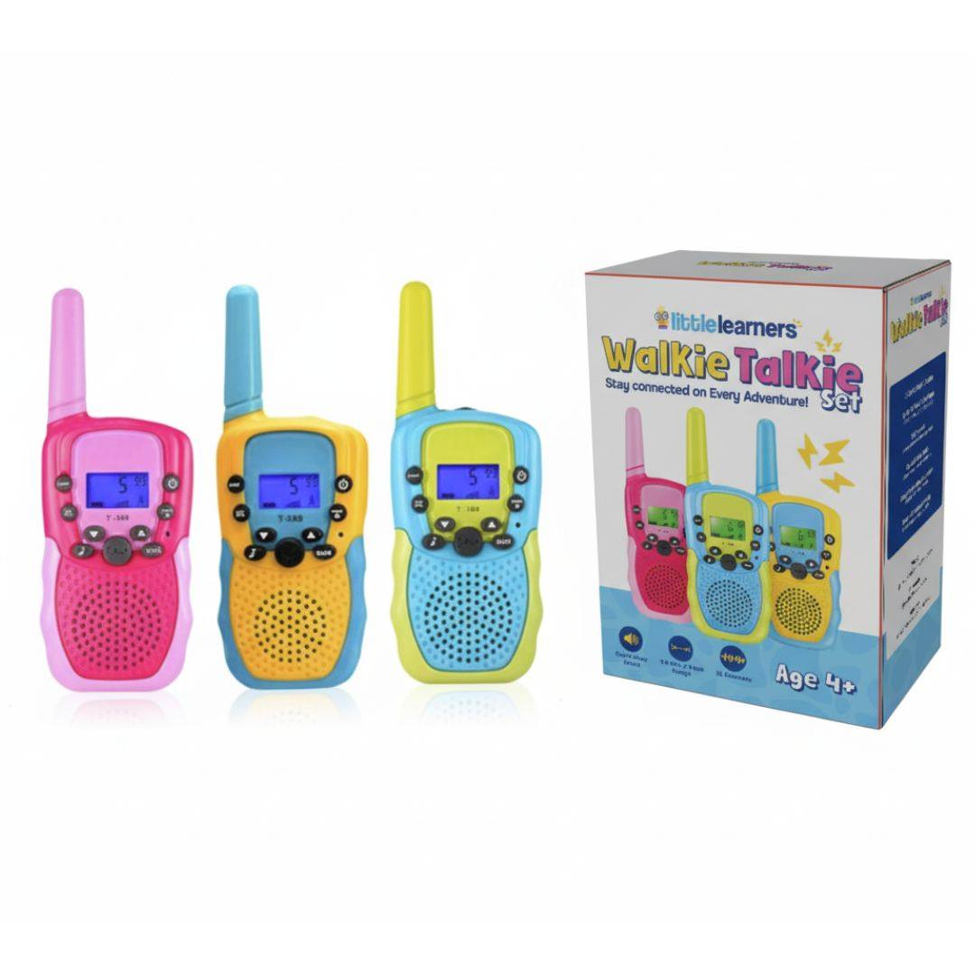 Kids Walkie Talkie 3-piece set in pink, blue, and yellow with packaging for ages 4+