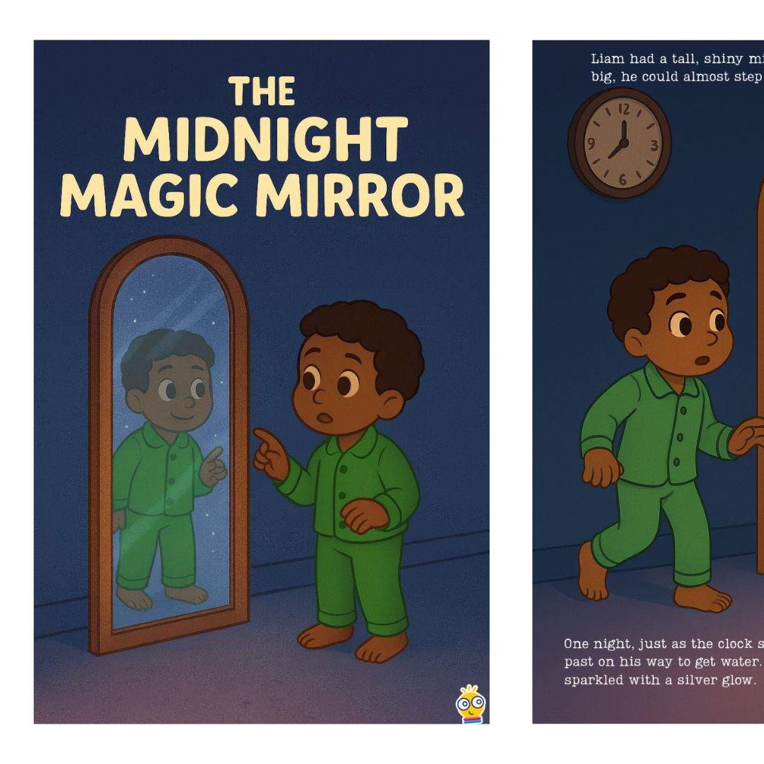 Little Learners Spooky Stories Midnight Magic Mirror ebook cover with boy in pajamas looking at a magical mirror