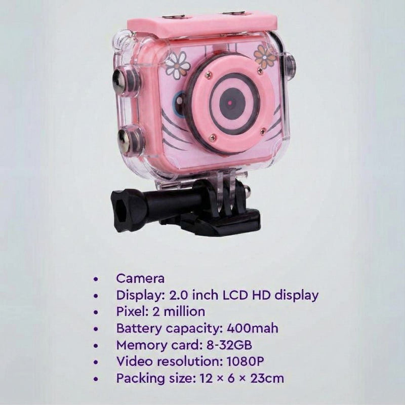 Mini Kids High-Quality Sports Camera in pink with waterproof case, 2.0 inch LCD, 2 million pixels, 1080P video, 400mah battery, and 8-32GB memory support.