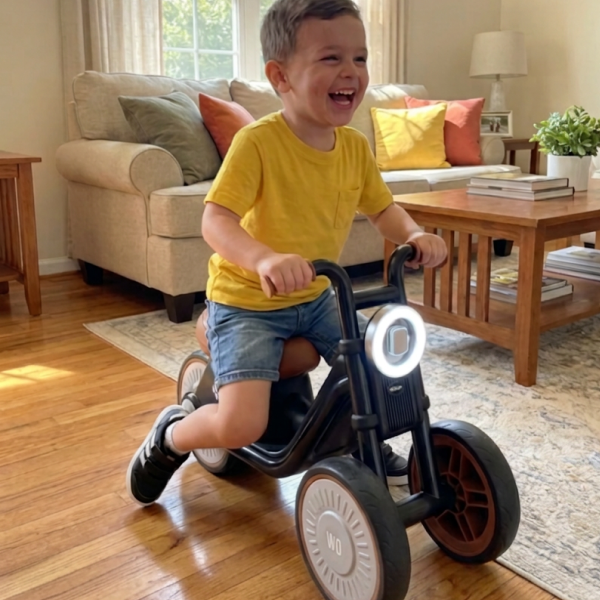 Boy riding the Tiny Biker in the living room