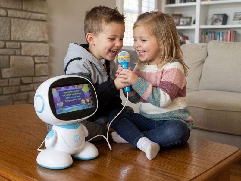 Two kids singing with the AI STEM robot