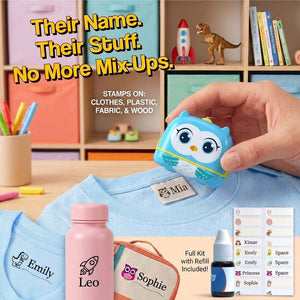 TinyStamper customized name stamp for kids' belongings with waterproof ink and refillable design