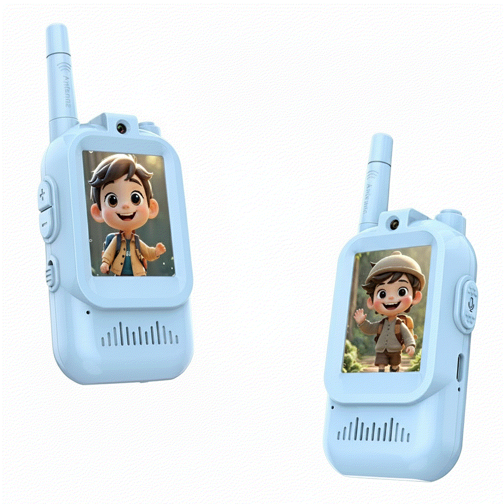 Blue kids walkie talkie set with cartoon screens, easy-to-use for indoor and outdoor play