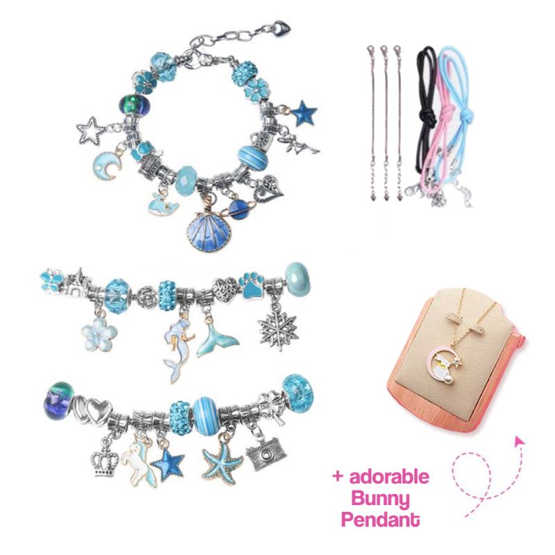 Kids bracelet-making kit with blue-themed charm bracelets, adjustable chains, colorful cords, and a bunny pendant necklace kit for creative play and gift giving
